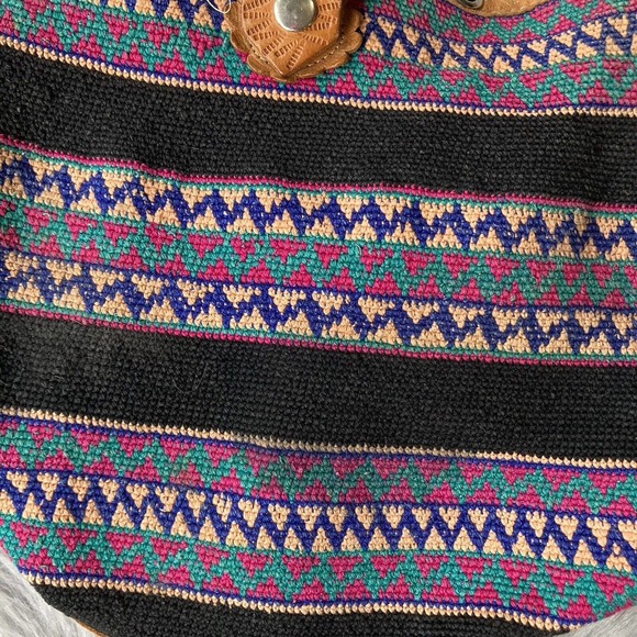 Boho chic bohemian fabric leather hobo slouchy shoulder tote bag black colorful - Picture 5 of 12